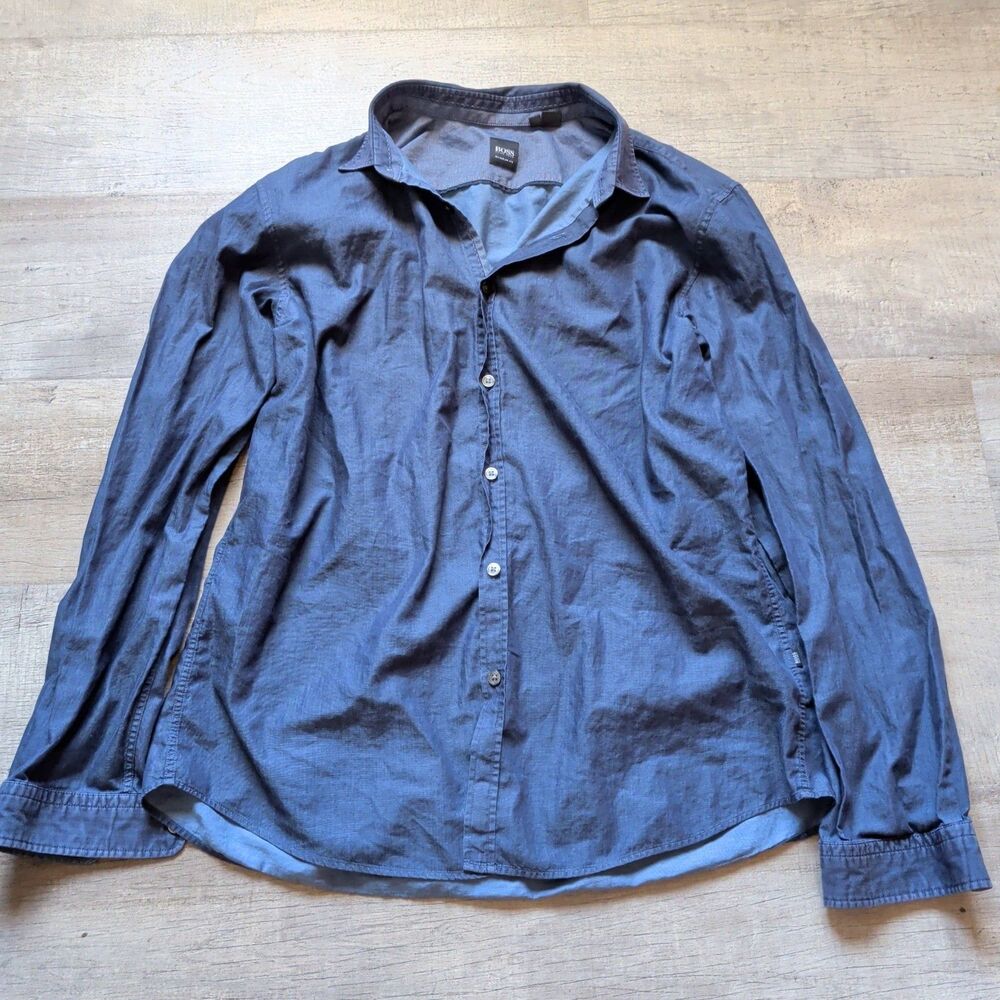 BOSS Hugo Boss Men's Long Sleeve Button Down Shirt Blue Regular Fit Size XL